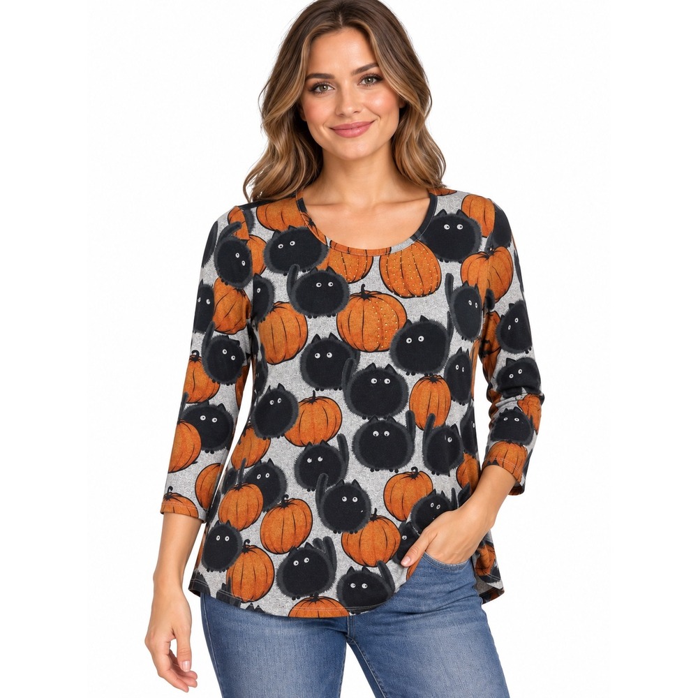 Clover + Pine Halloween Top Women XL Gray Pumpkin Black Cat 3/4 Sleeve Festive